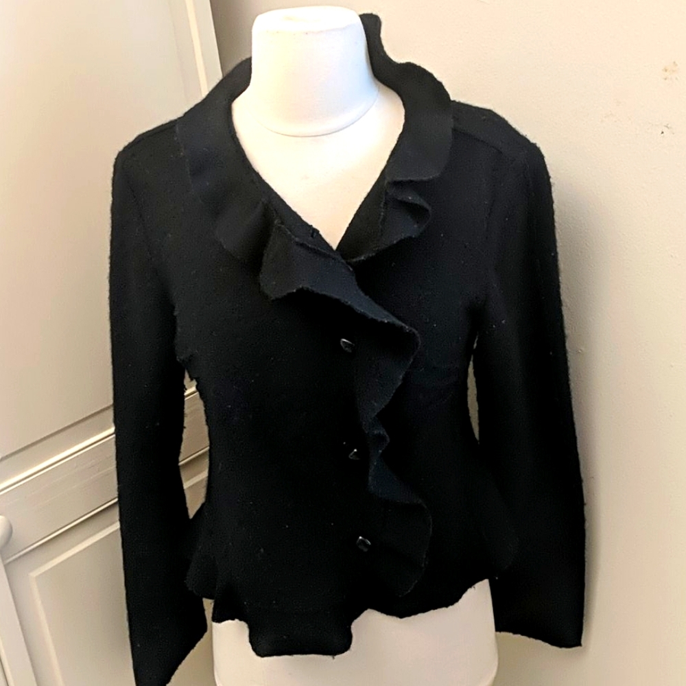 ✅ Italian Wool  Tres Jolie Black Wool Ruffle Short Jacket Sweater